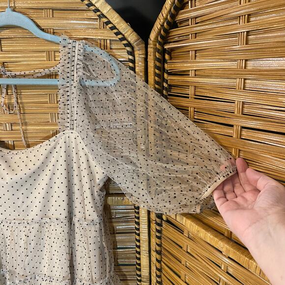 Arula X Swiss Dot Mesh Puff Sleeve Tiered Mini Dress Nude Black Polka Dot XL 14 - Picture 7 of 9